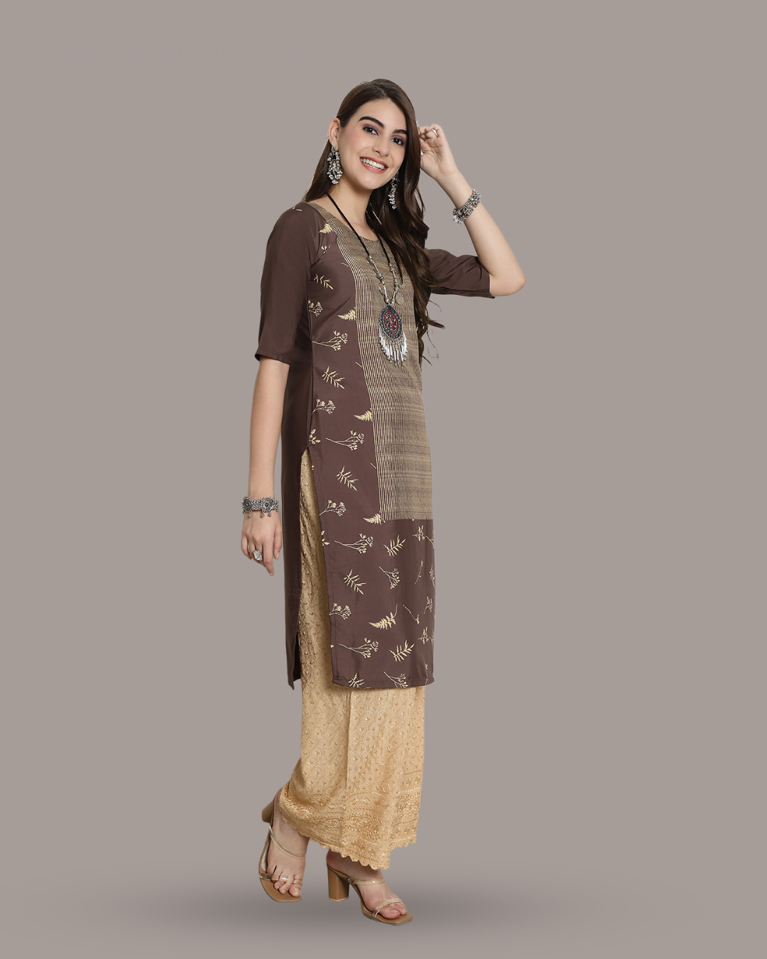 Leaf Cascade Brown Kurta 