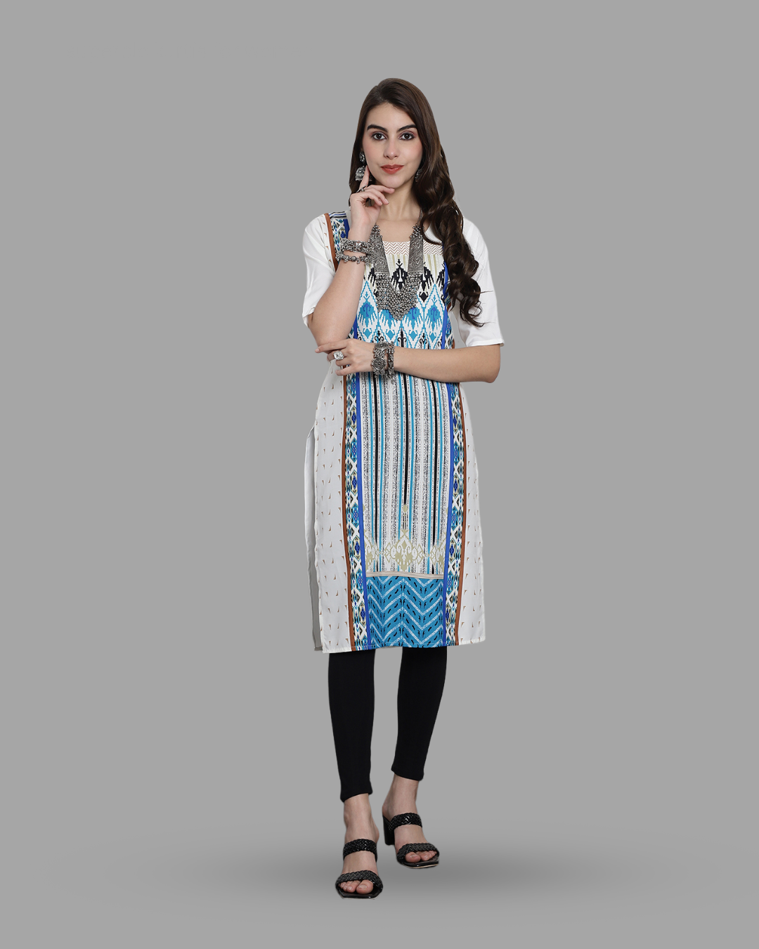 White Canvas Print Kurta 