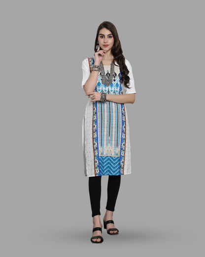 White Canvas Print Kurta 