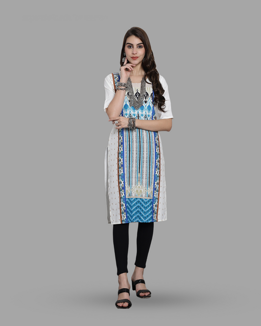 White Canvas Print Kurta 