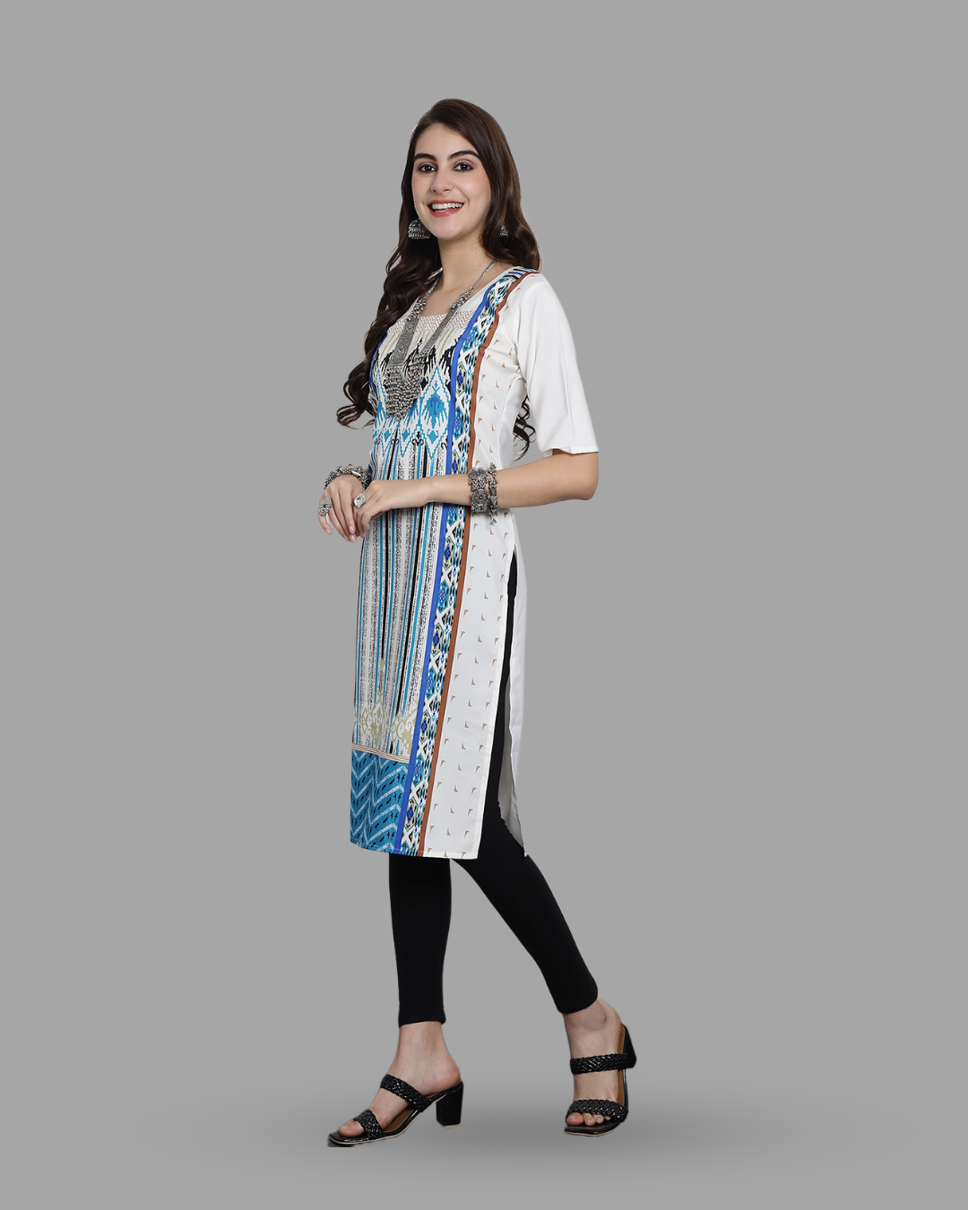 White Canvas Print Kurta 