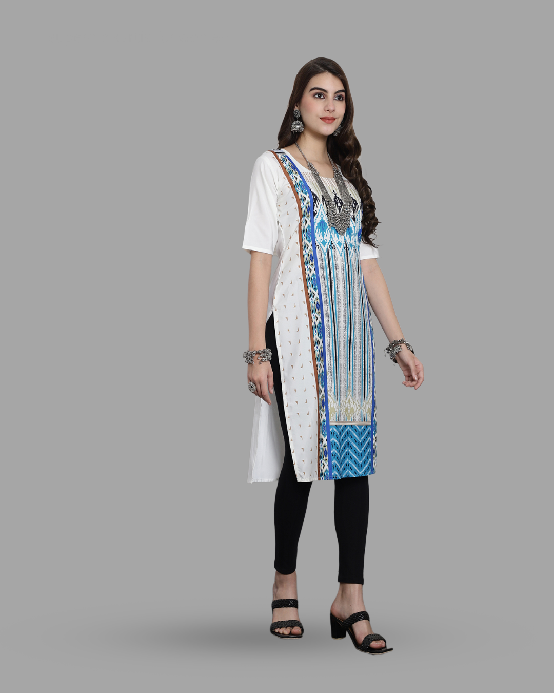 White Canvas Print Kurta 