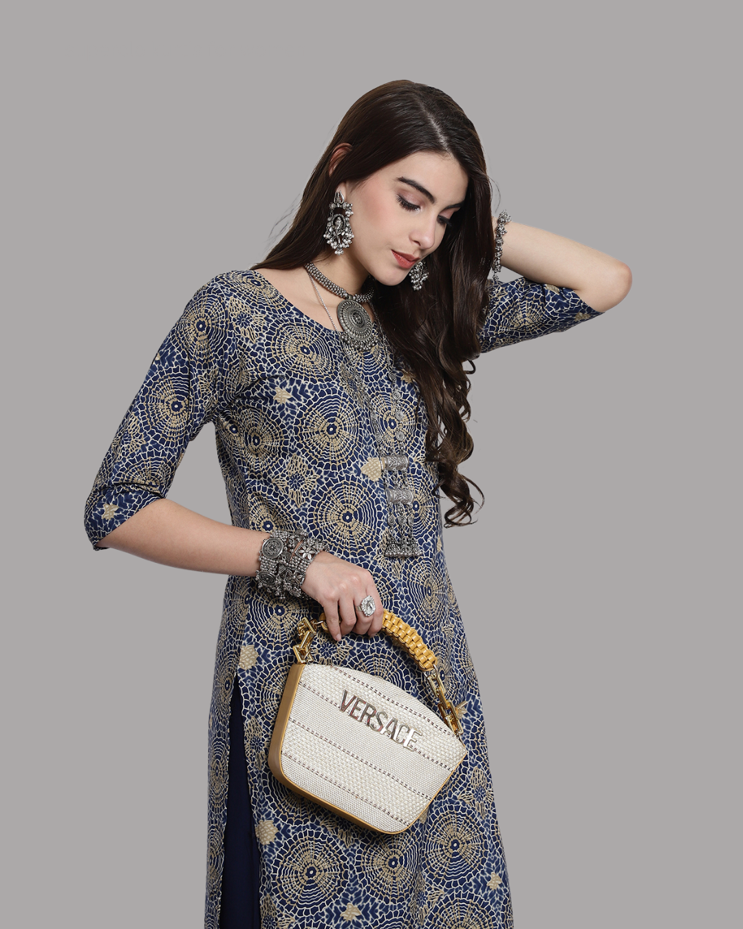 Blue Kurta with Rustic Print Circles 