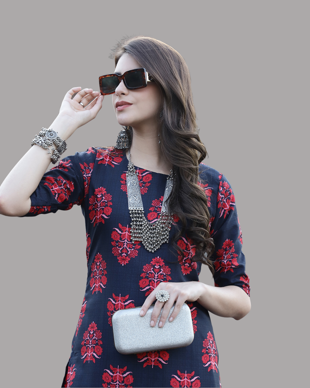 Navy Red Garden Kurta 