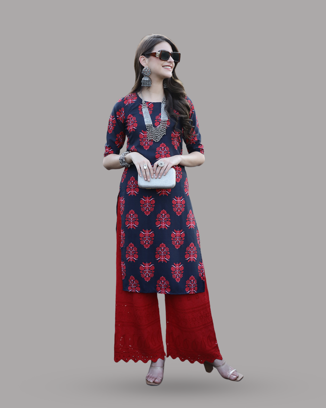 Navy Red Garden Kurta 