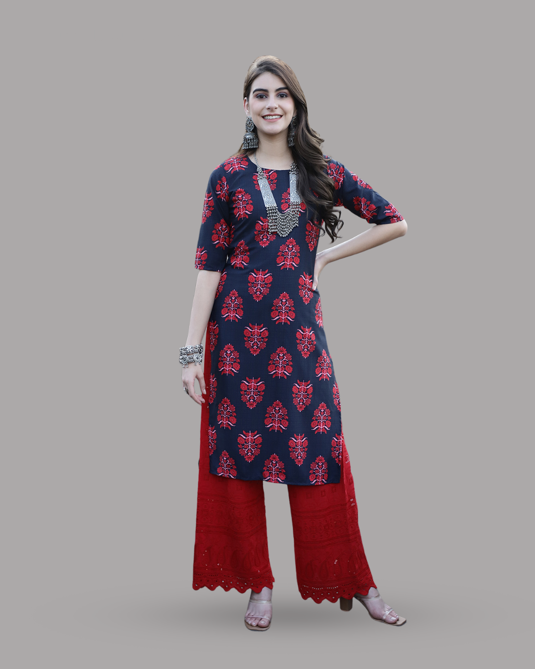 Navy Red Garden Kurta 