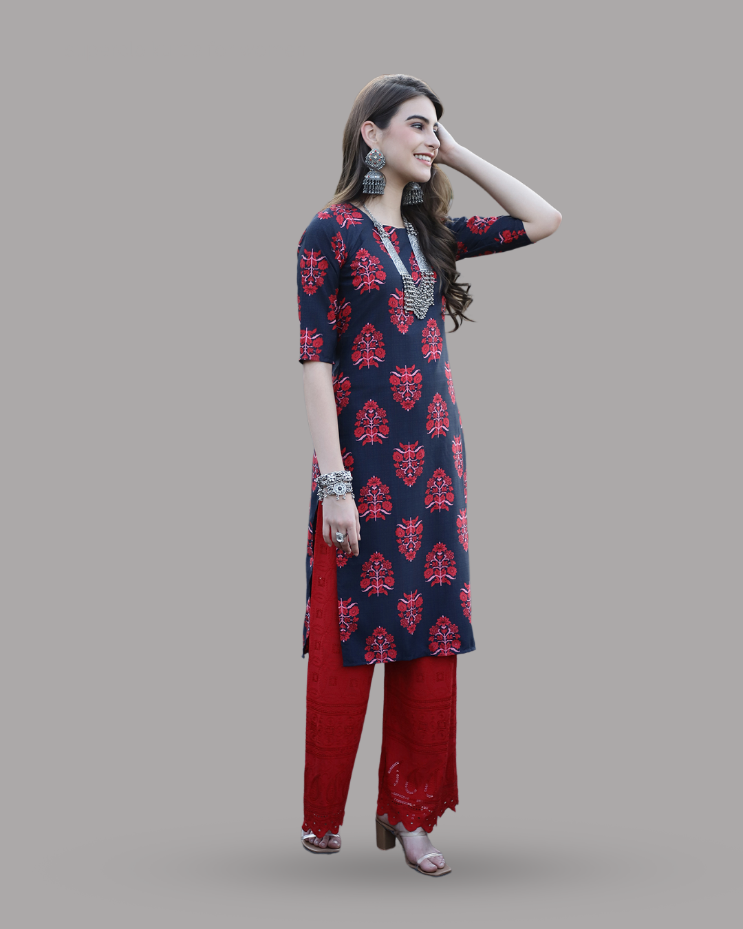 Navy Red Garden Kurta 