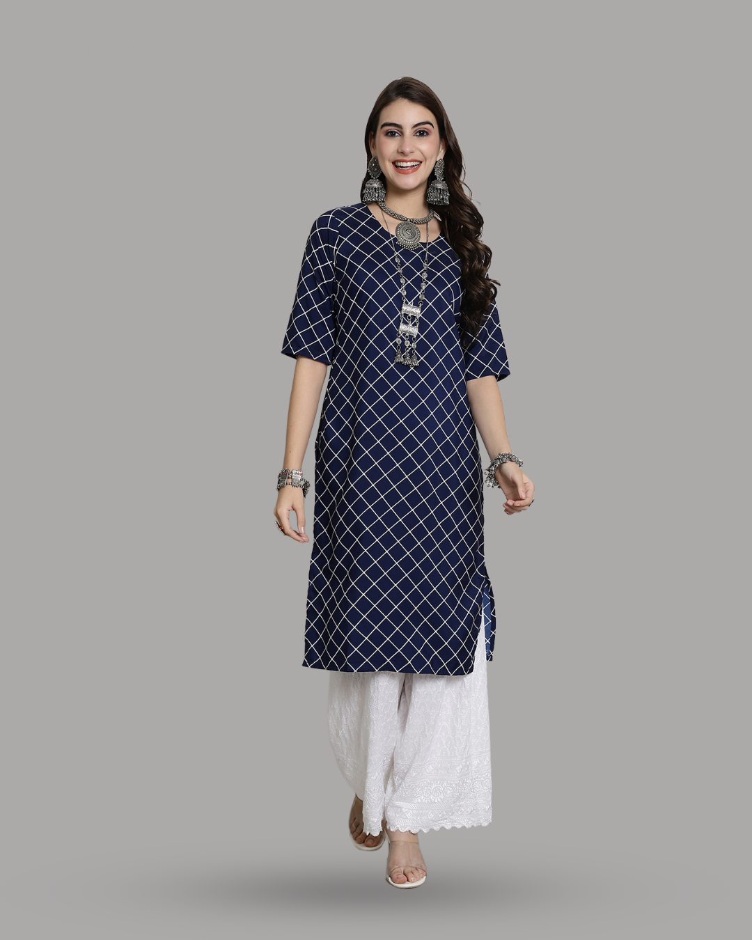 Navy Blue Checkered Kurta 