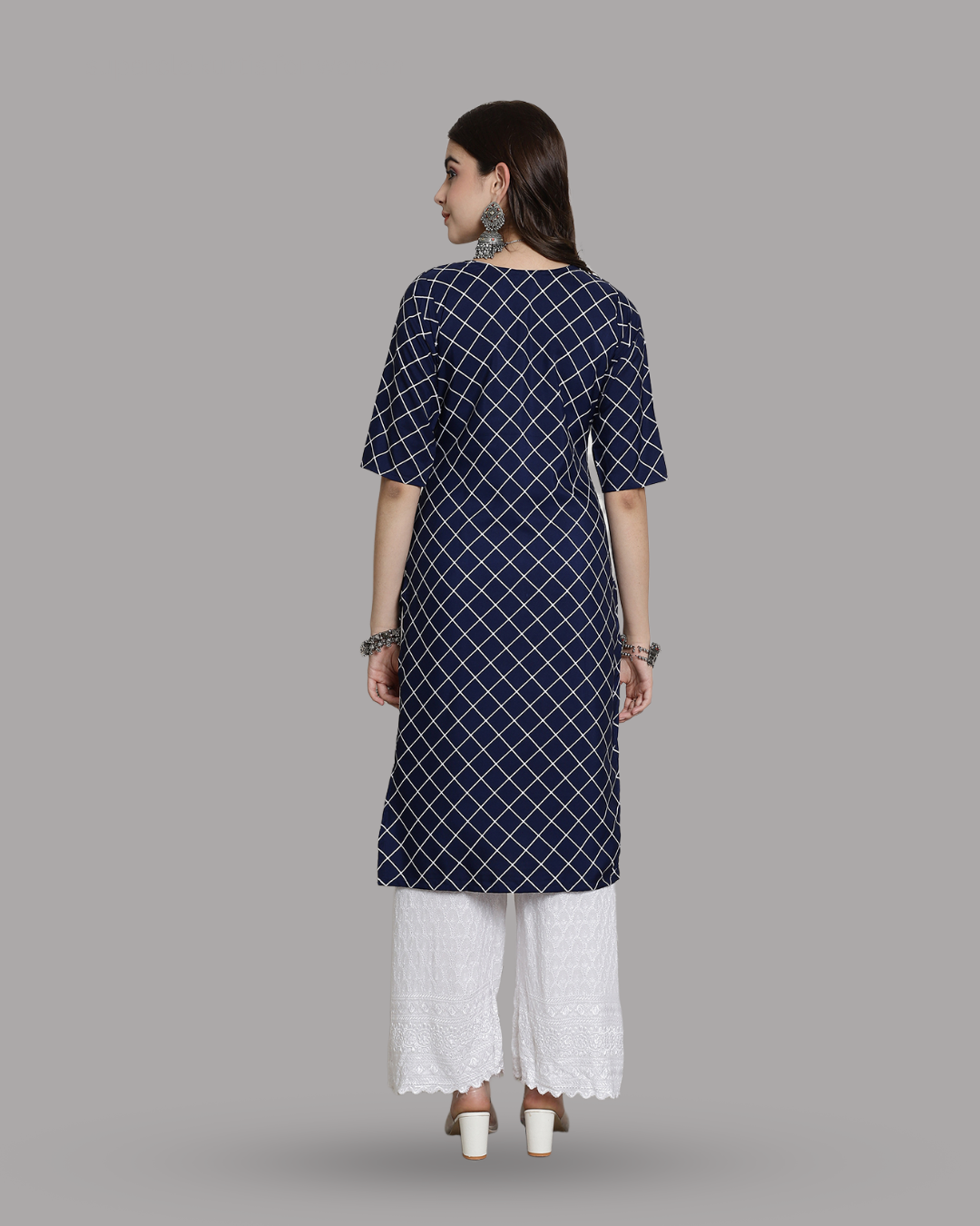 Navy Blue Checkered Kurta 