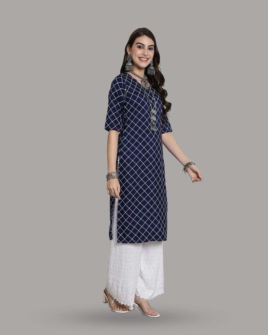 Navy Blue Checkered Kurta 