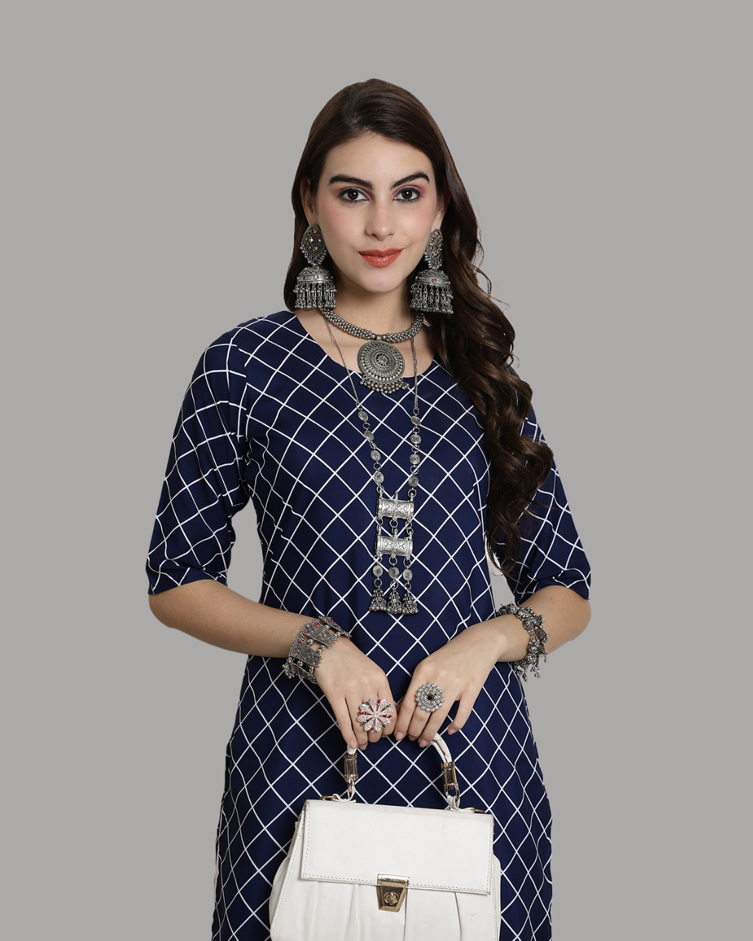 Navy Blue Checkered Kurta 