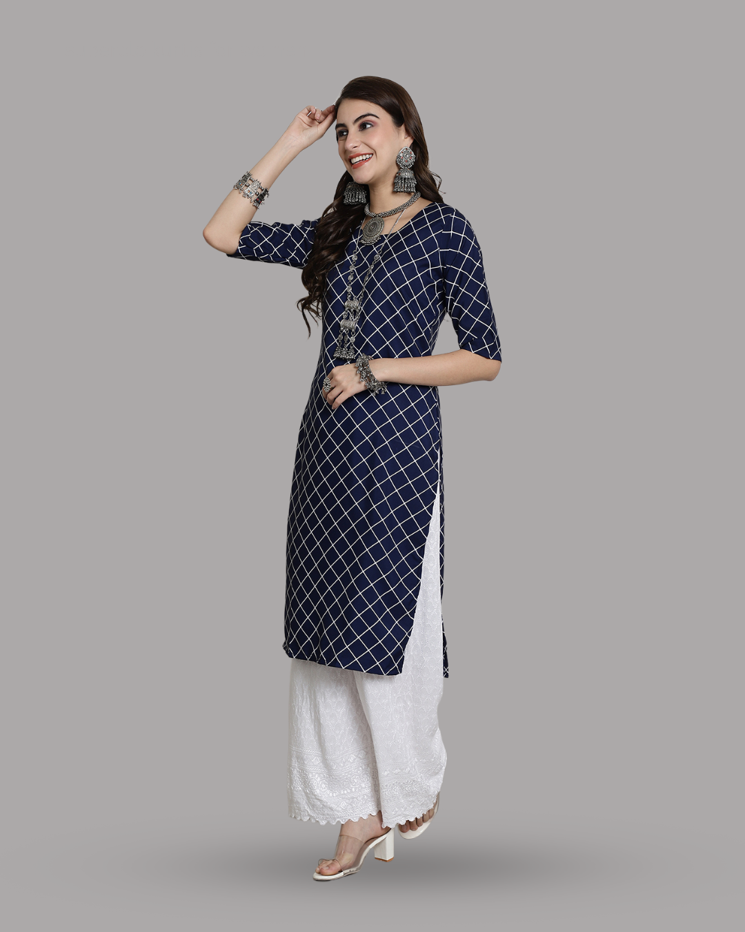 Navy Blue Checkered Kurta 