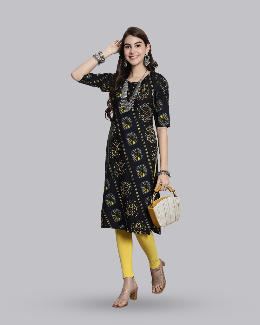 Charcoal Yellow Printed Kurta 