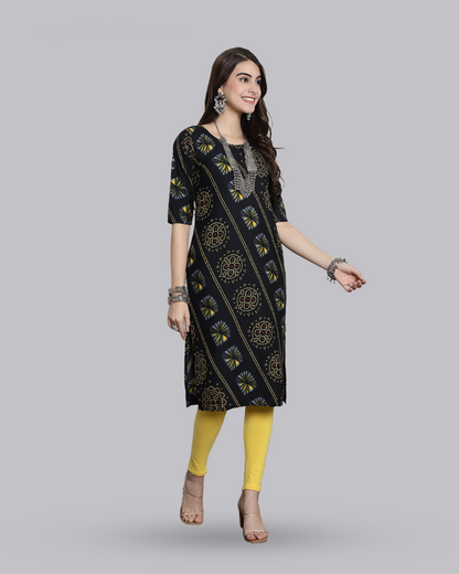 Charcoal Yellow Printed Kurta 