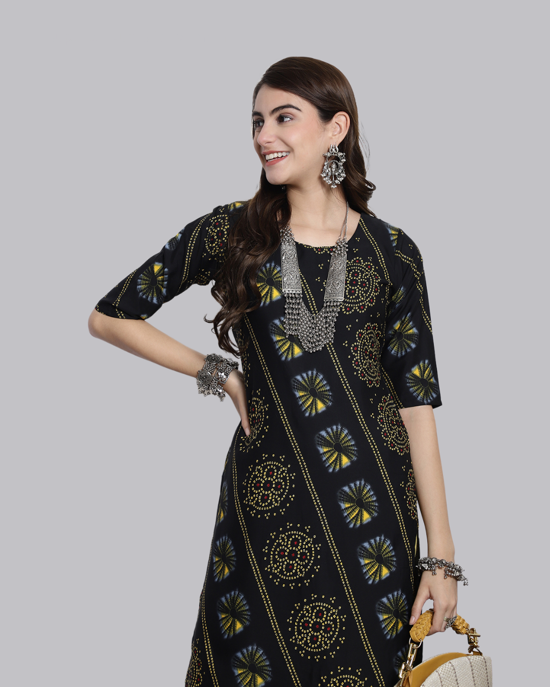 Charcoal Yellow Printed Kurta 