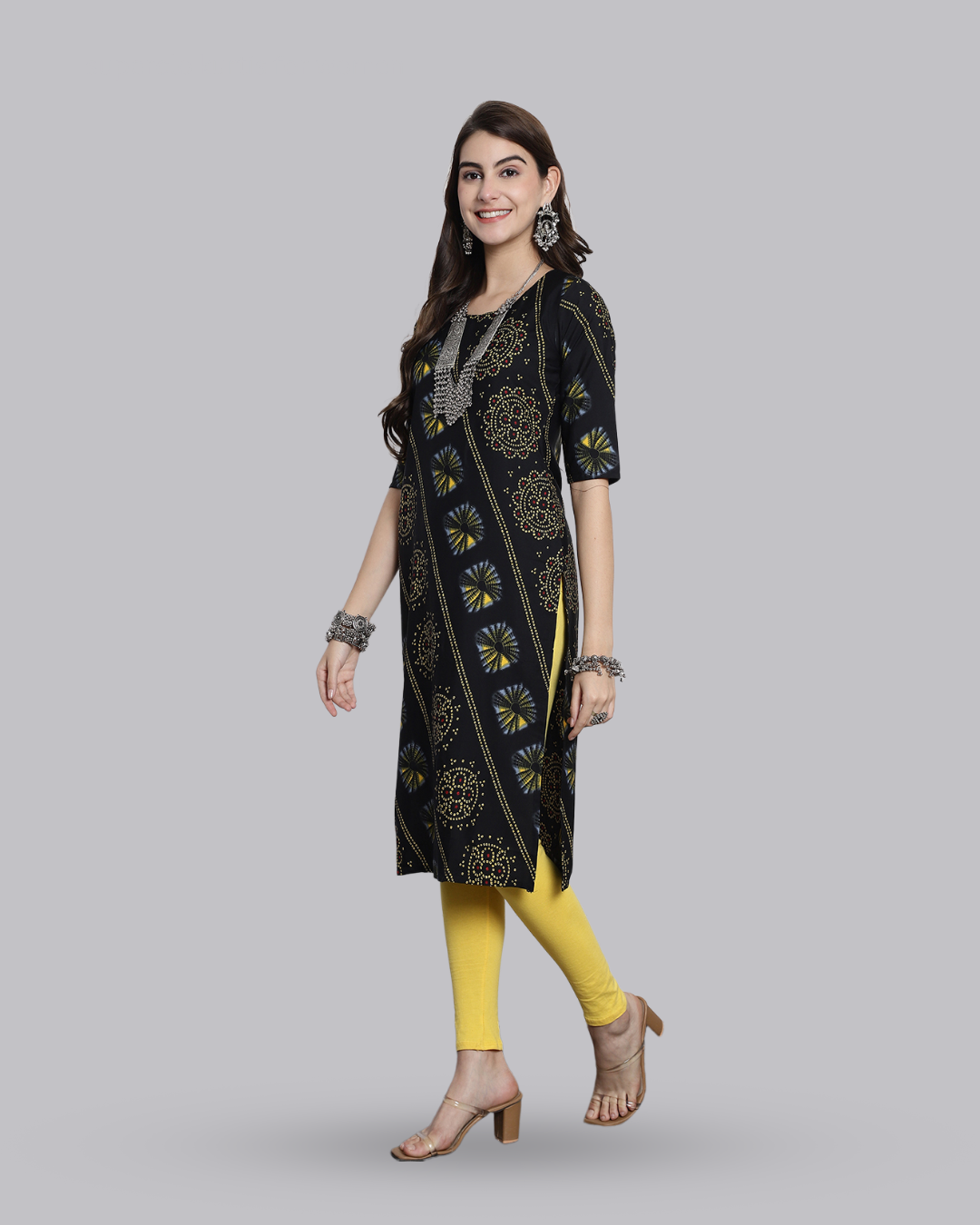 Charcoal Yellow Printed Kurta 