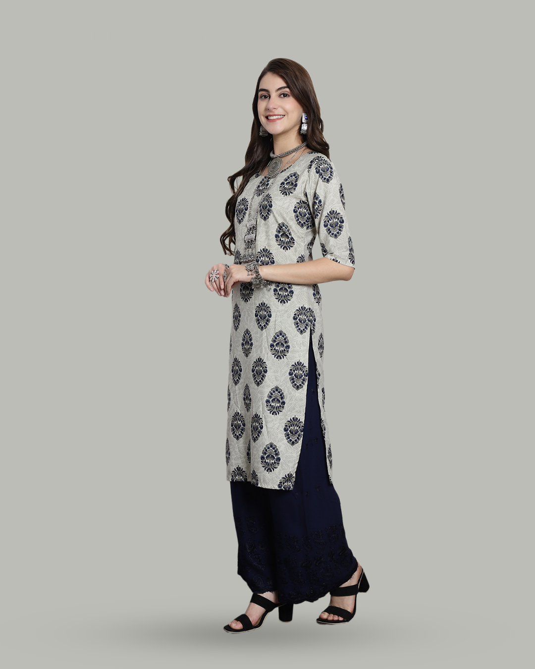 Misty Grey Blossom Printed Kurta 