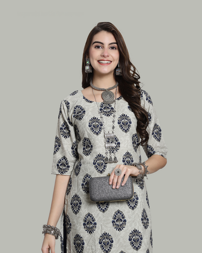 Misty Grey Blossom Printed Kurta 