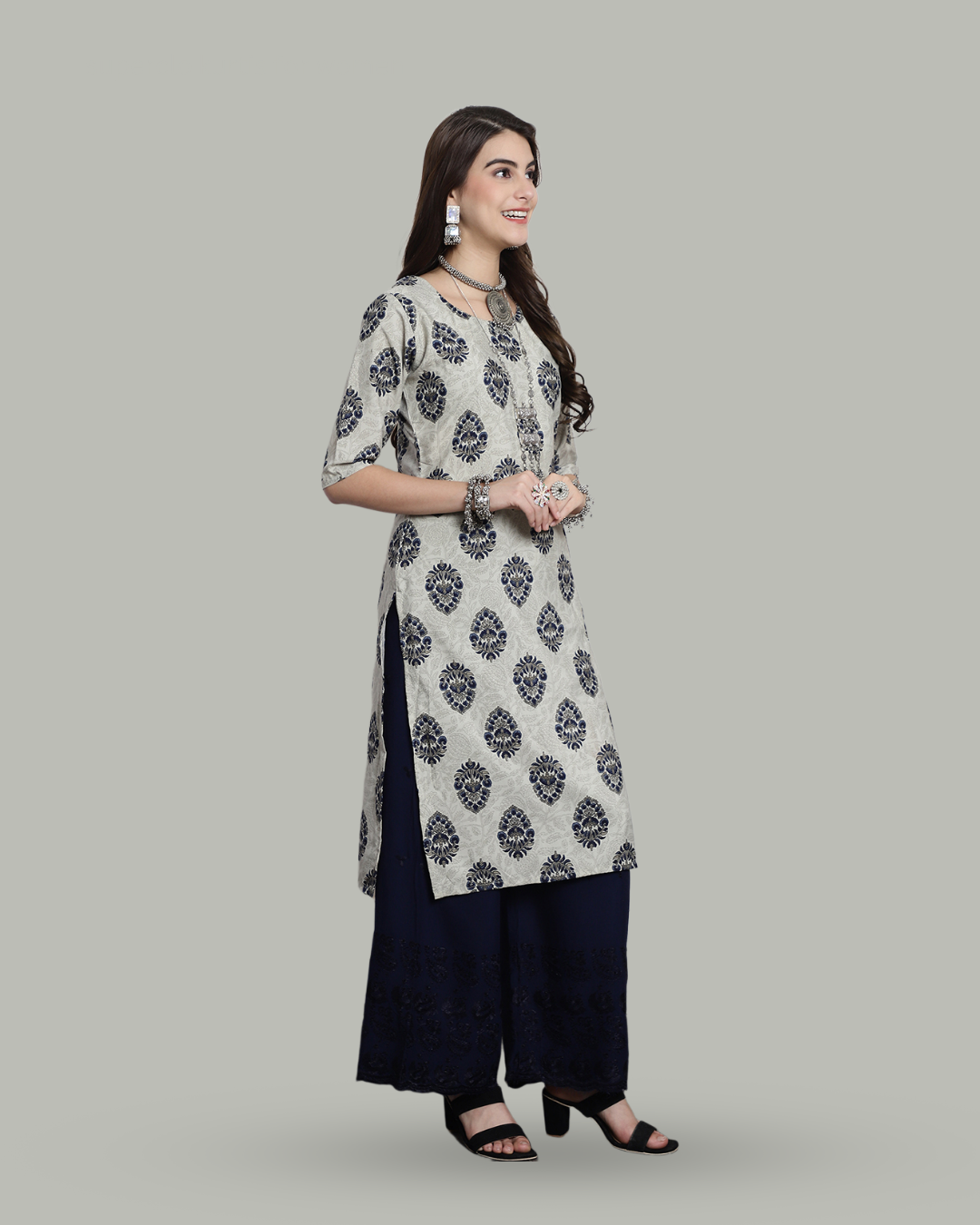 Misty Grey Blossom Printed Kurta 