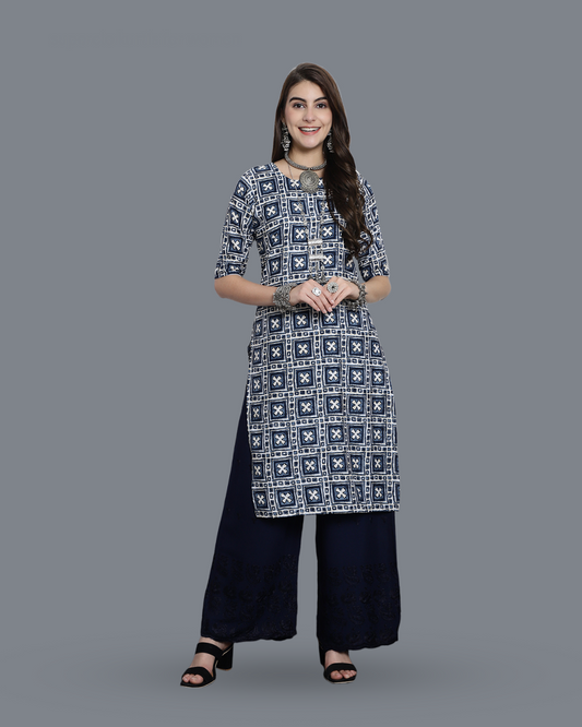 Navy Blue Cross Printed Kurta 