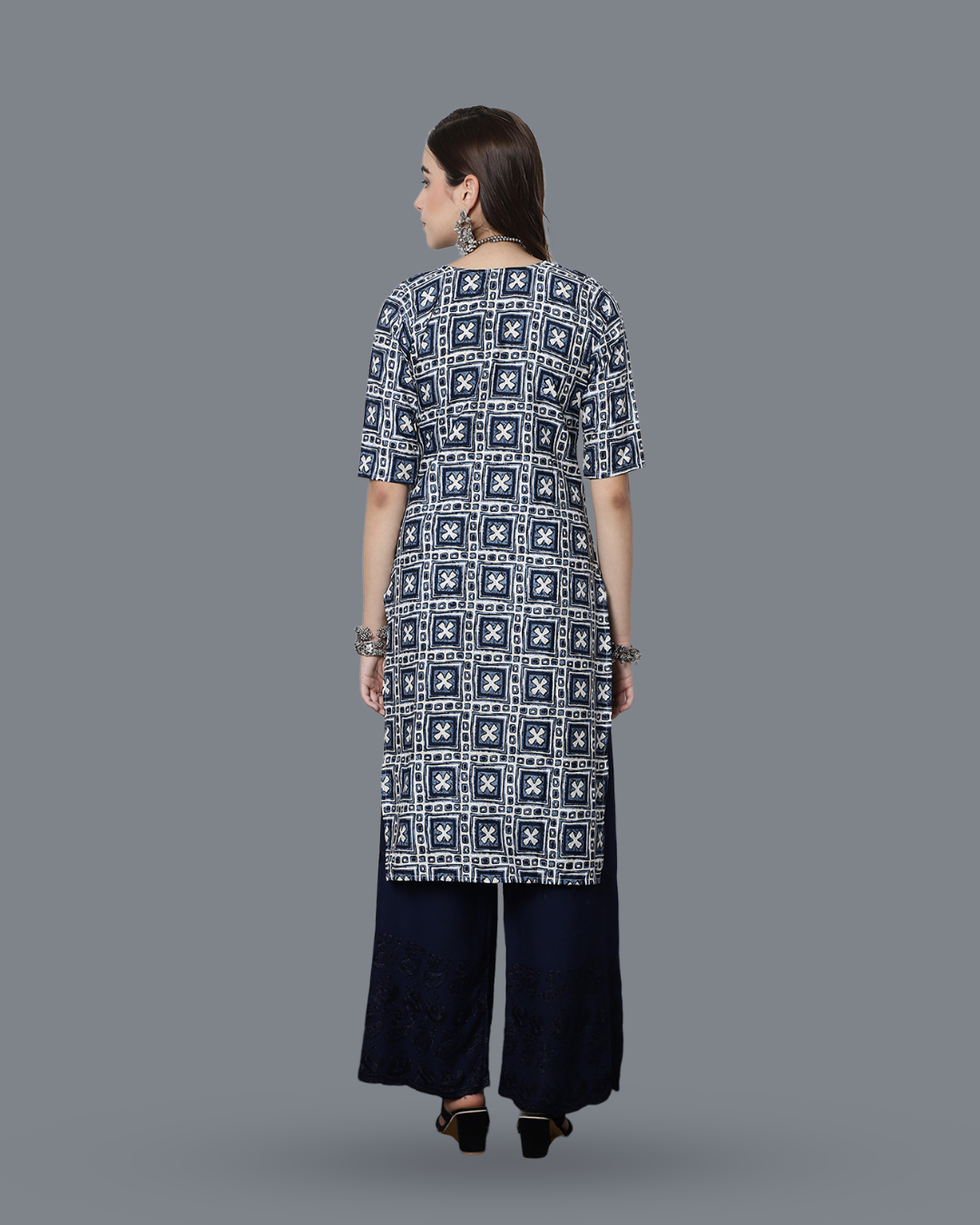 Navy Blue Cross Printed Kurta 