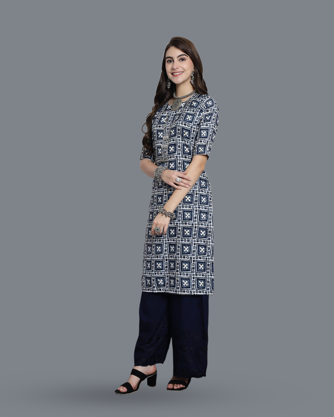 Navy Blue Cross Printed Kurta 