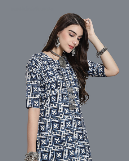 Navy Blue Cross Printed Kurta 