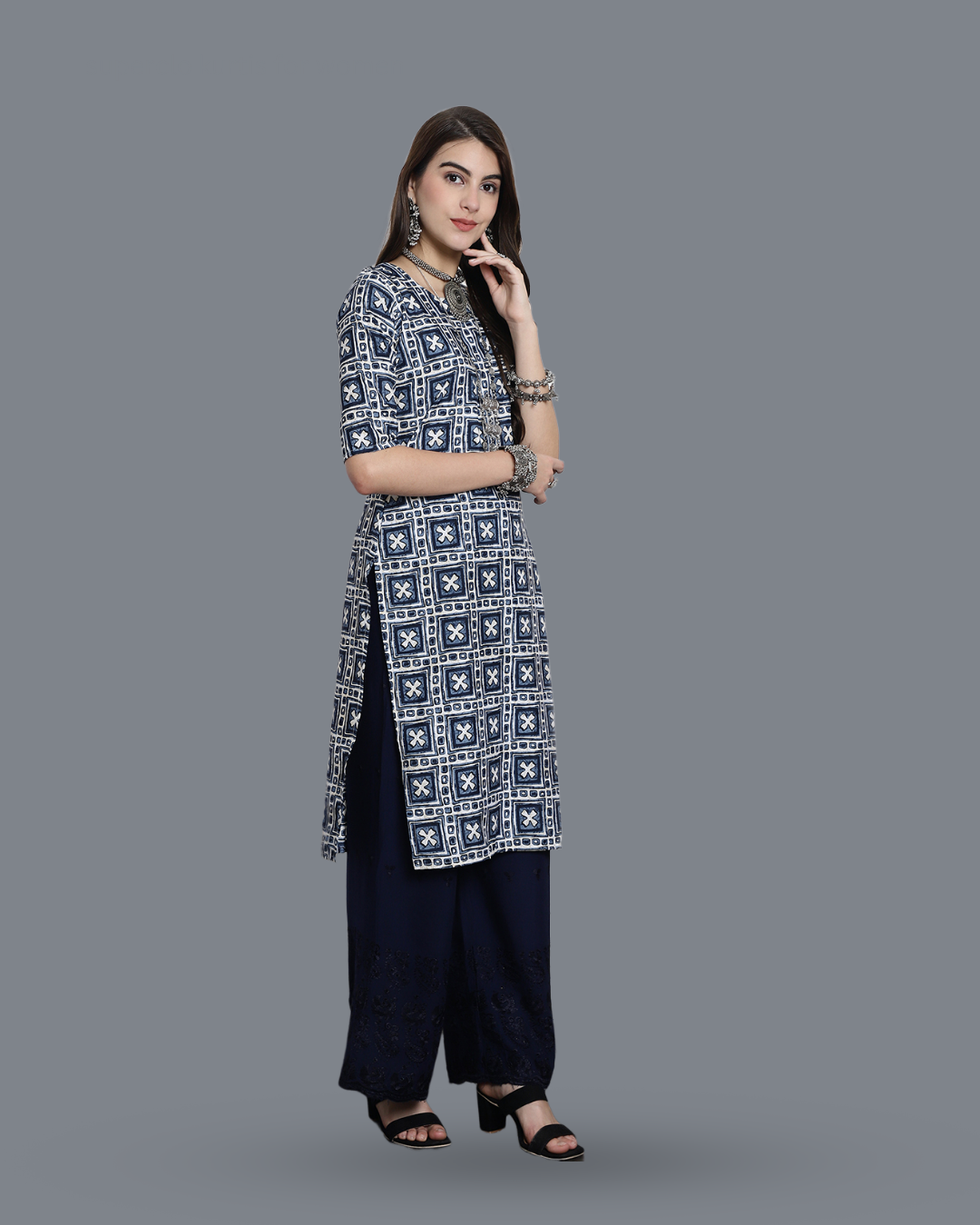 Navy Blue Cross Printed Kurta 