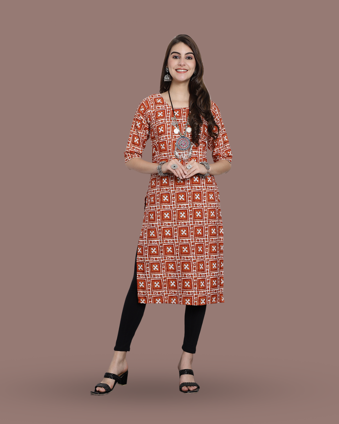 Tangerine Cross Printed Kurta 