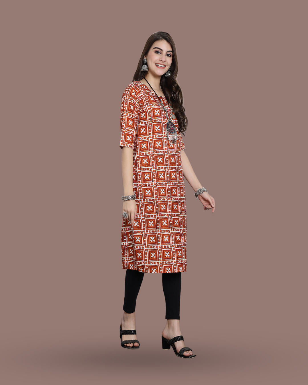 Tangerine Cross Printed Kurta 