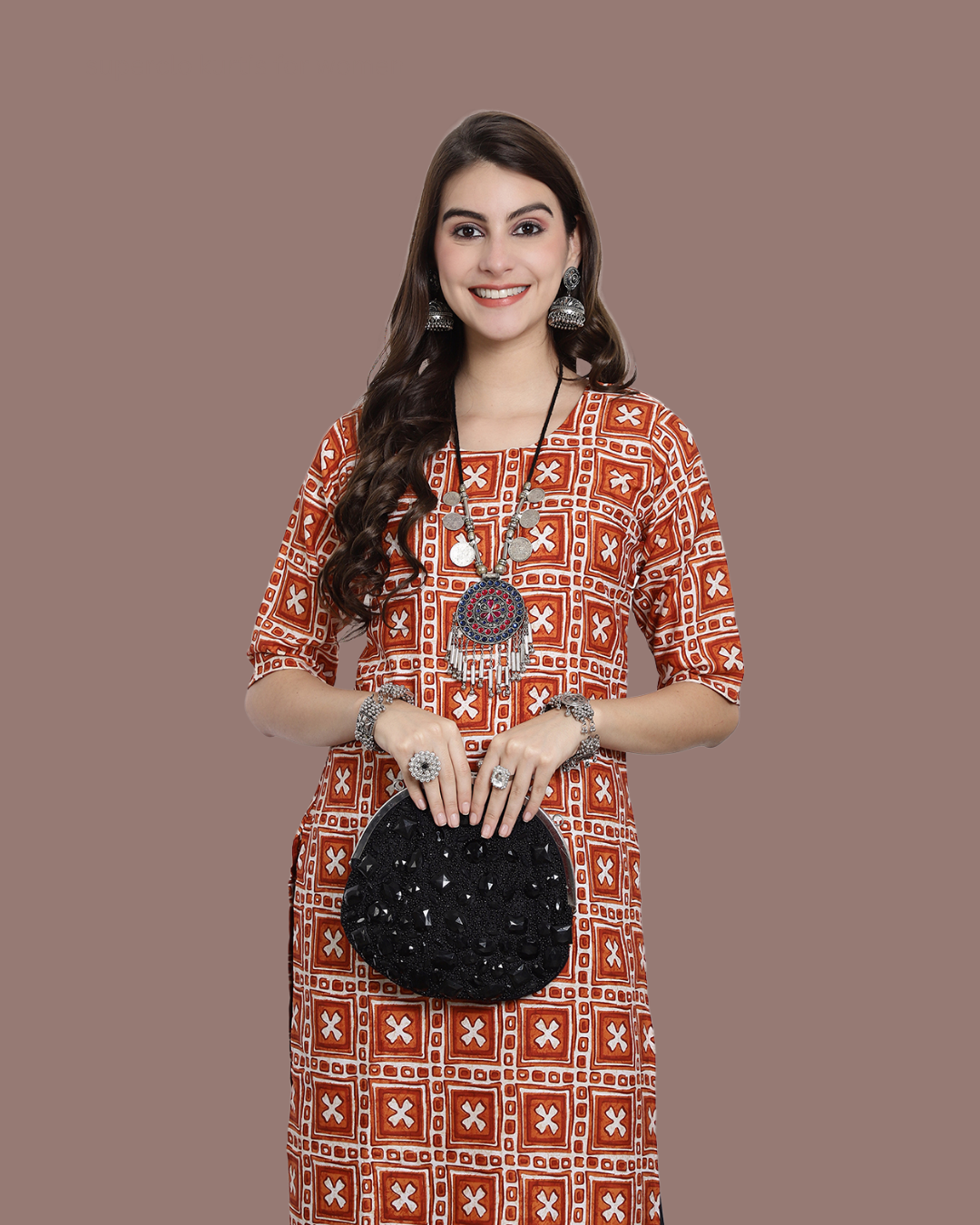 Tangerine Cross Printed Kurta 