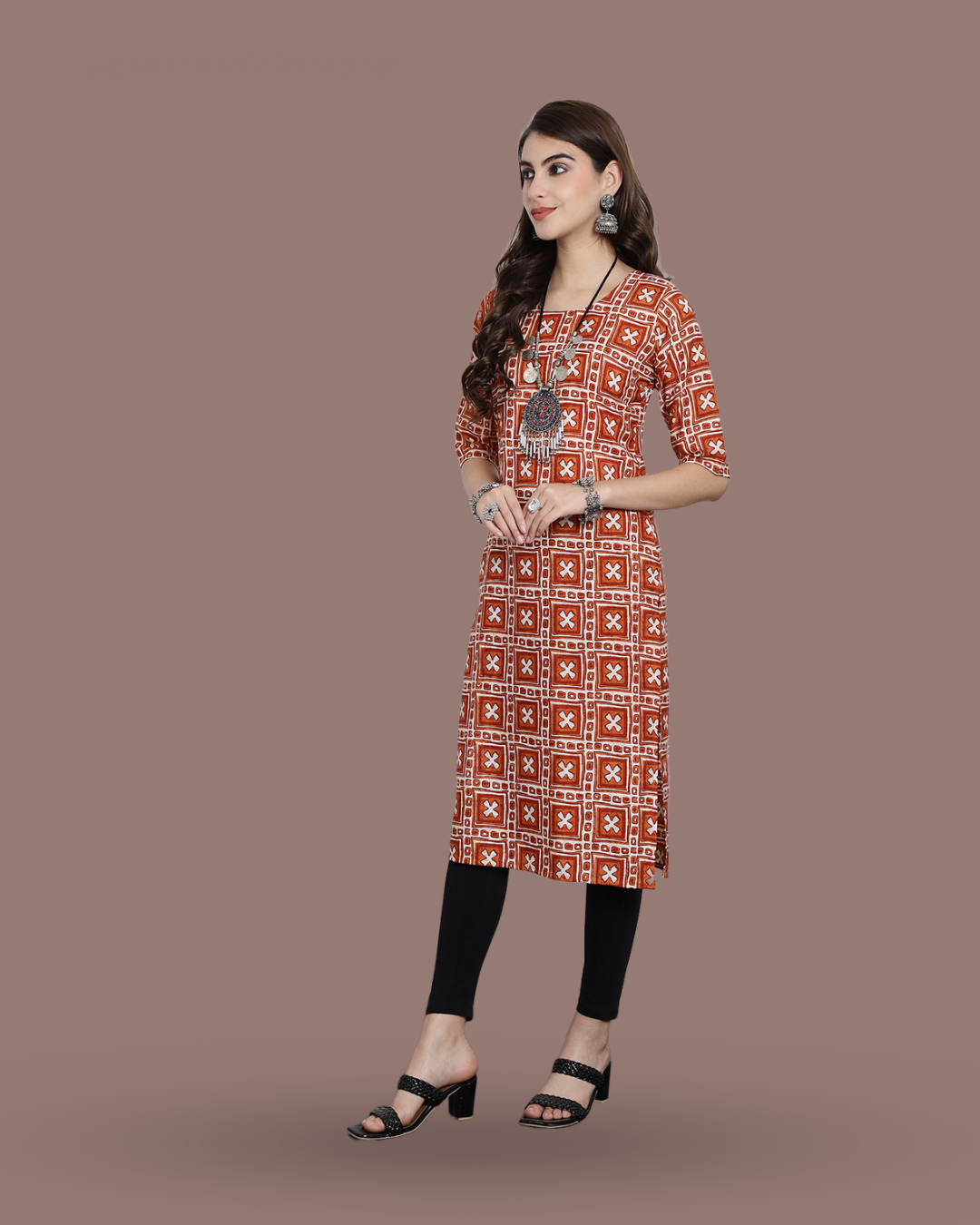 Tangerine Cross Printed Kurta 