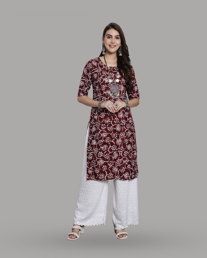 Wine Red Floral Printed Kurta 