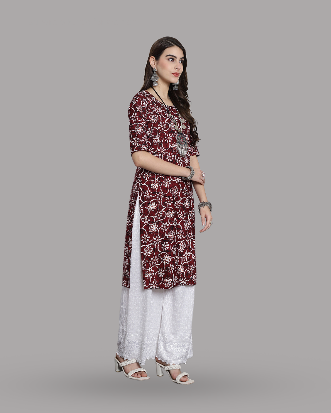 Wine Red Floral Printed Kurta 