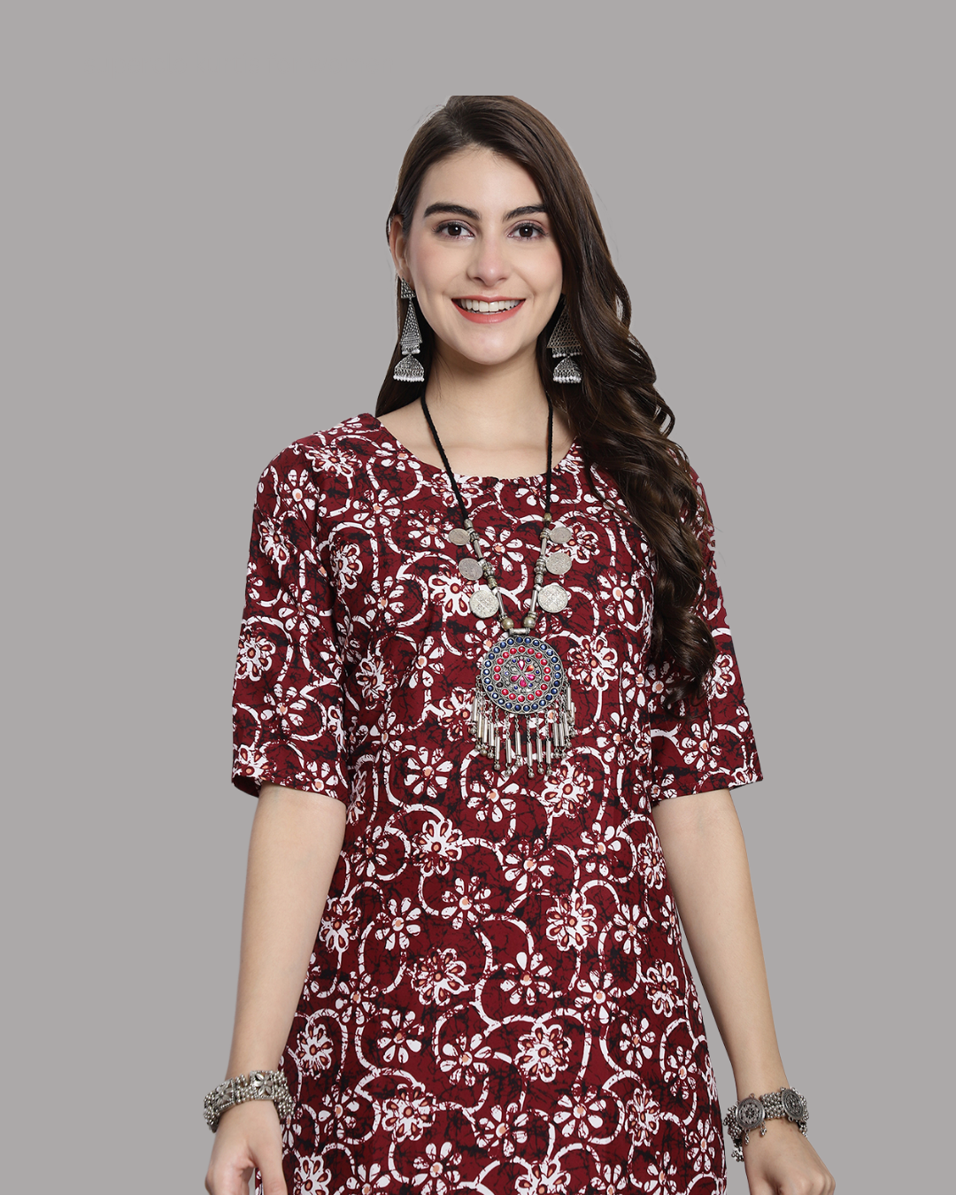 Wine Red Floral Printed Kurta 