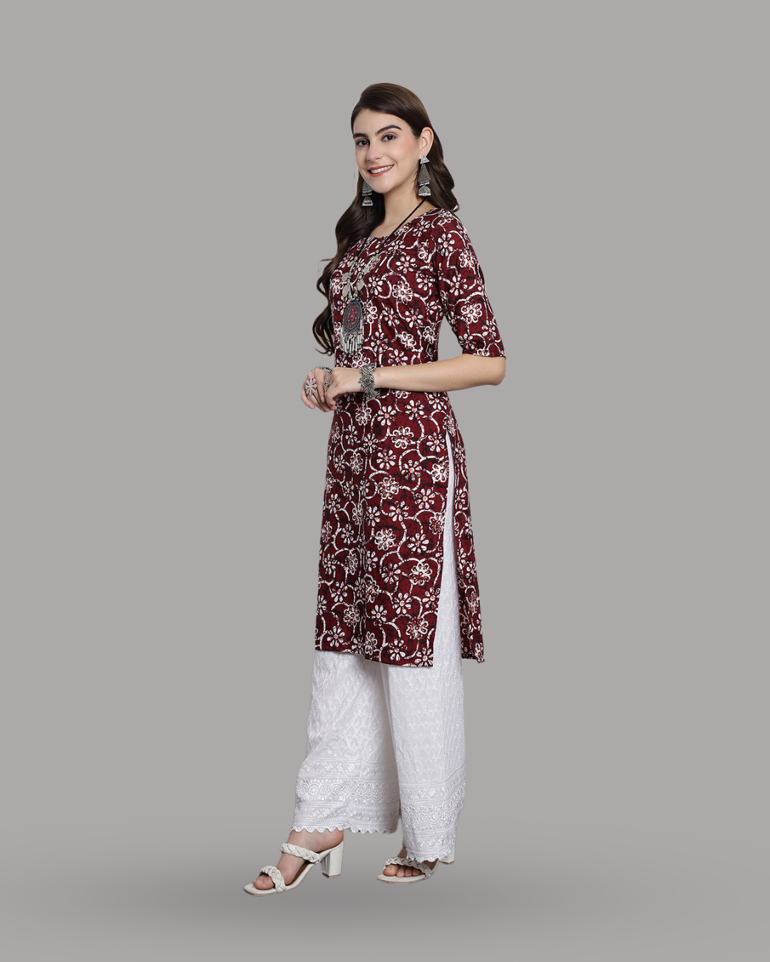 Wine Red Floral Printed Kurta 