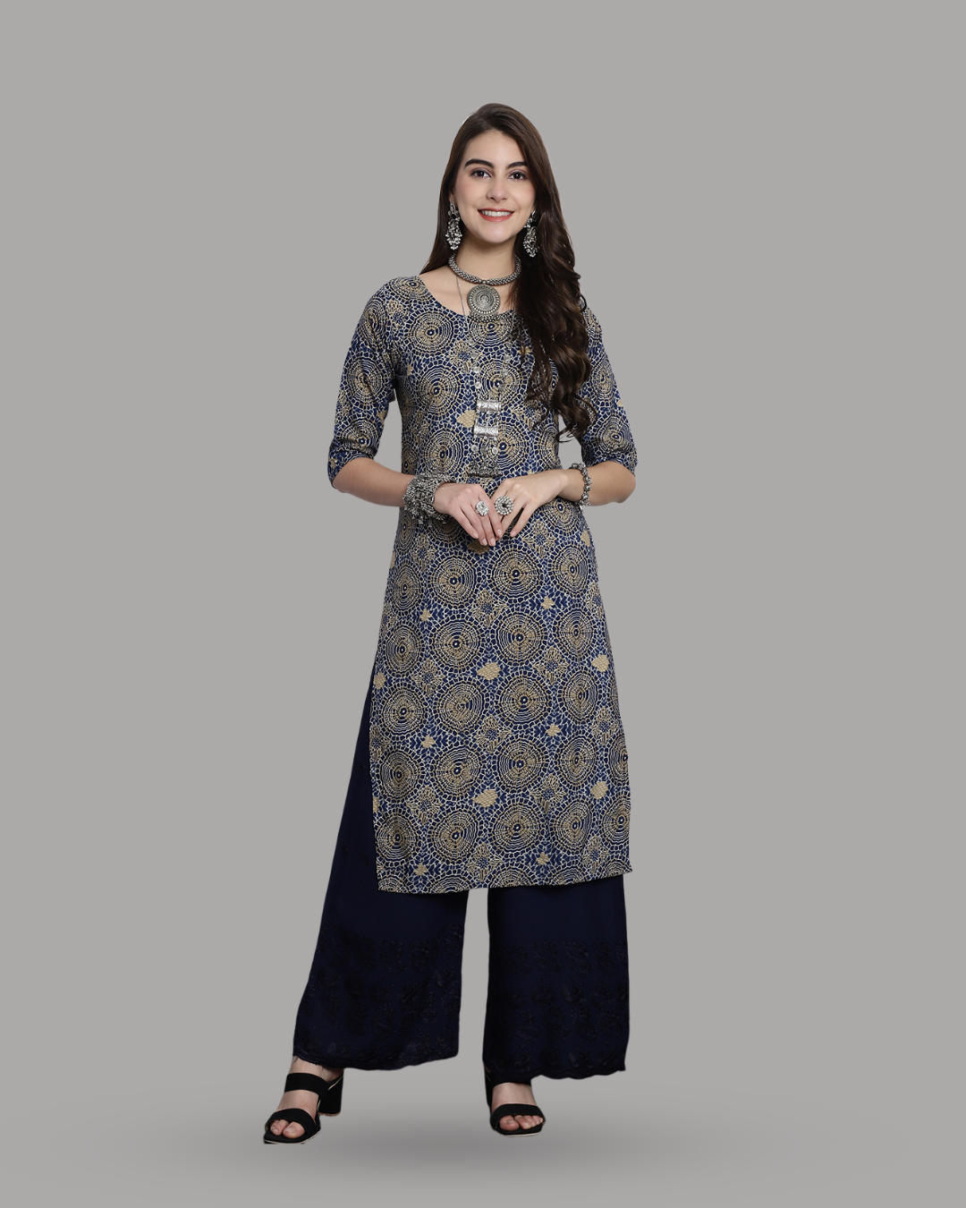 Blue Kurta with Rustic Print Circles 