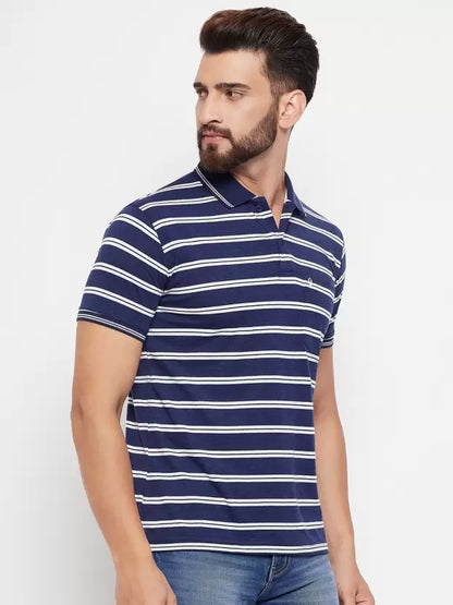 UNIBERRY Men Striped Polo Neck Cotton Blend Dark Blue, White T-Shirt