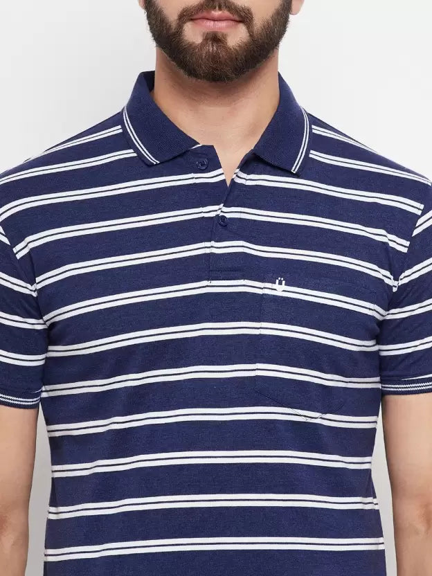 UNIBERRY Men Striped Polo Neck Cotton Blend Dark Blue, White T-Shirt