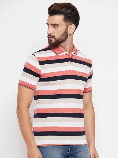 UNIBERRY Men Striped Polo Neck Cotton Blend Multicolor T-Shirt