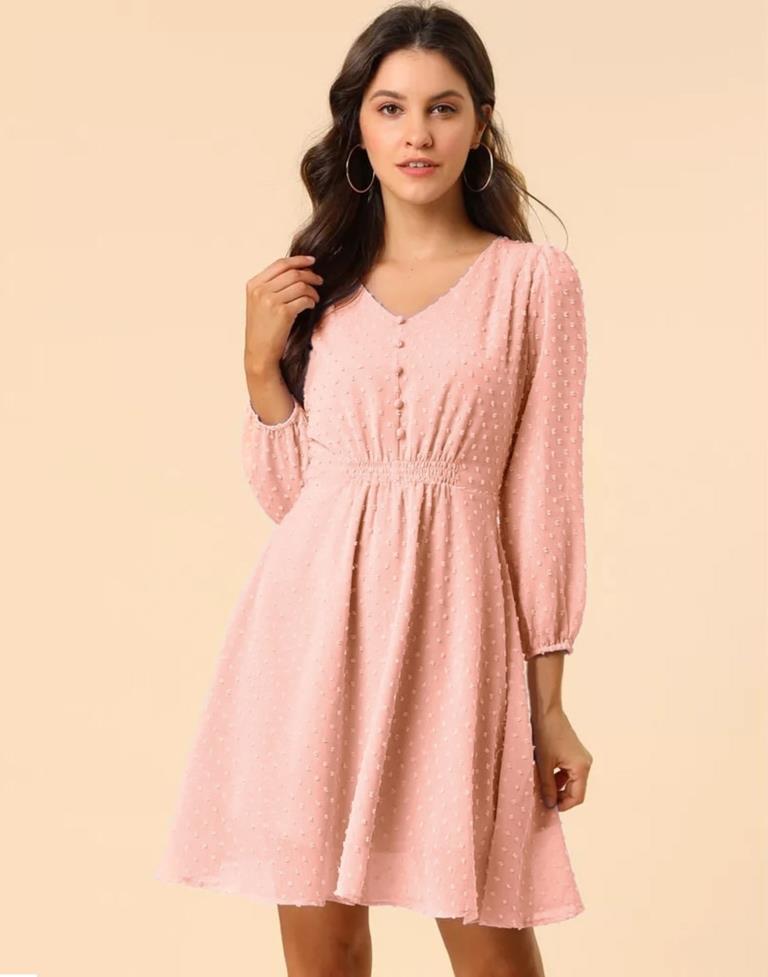 Peach Polyester Plain Flared Dress