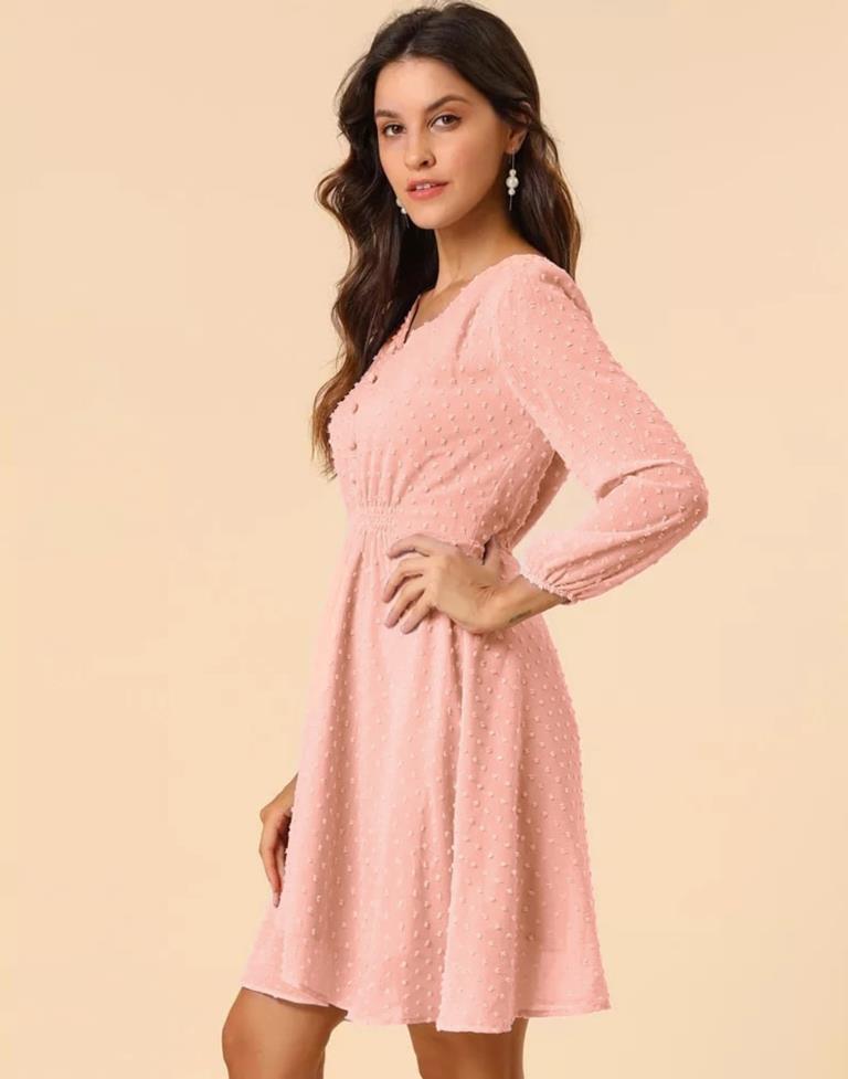 Peach Polyester Plain Flared Dress