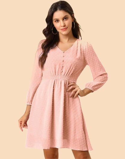 Peach Polyester Plain Flared Dress