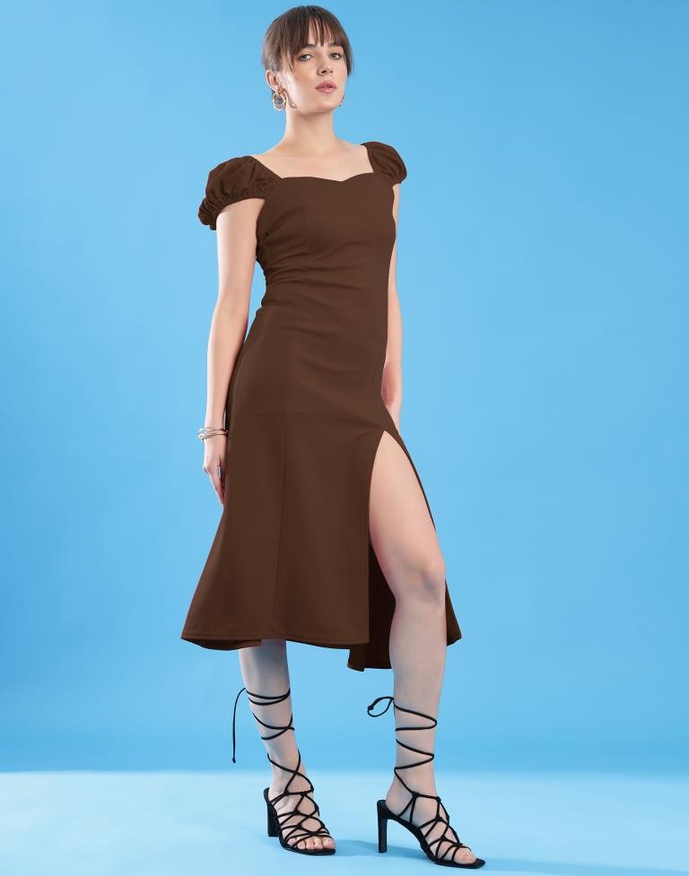 Brown Lycra Plain Dress