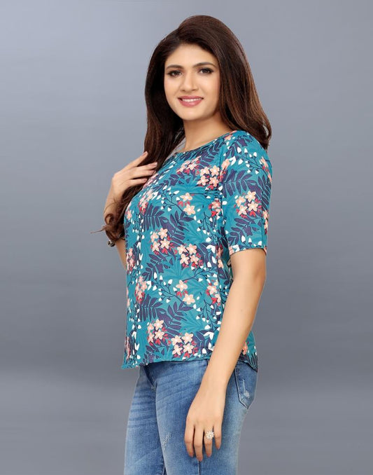 Bewitching Turquoise Coloured Printed Crepe Tops 