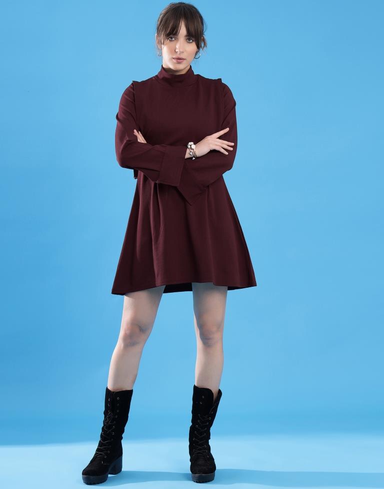 Maroon Lycra Plain A-Line Dress