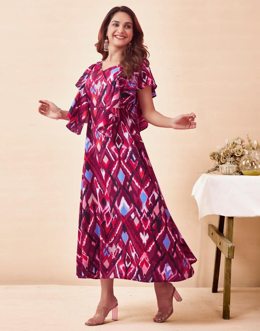 Wine Rayon Printed Flared Dress