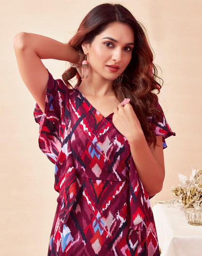 Wine Rayon Printed Flared Dress