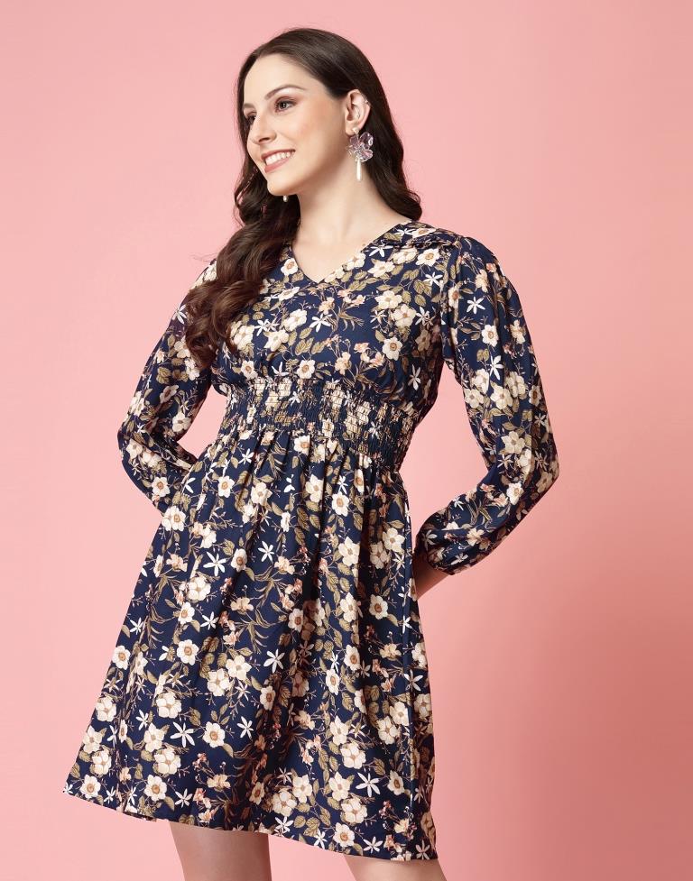 Navy Blue Crepe Printed A-Line Dress