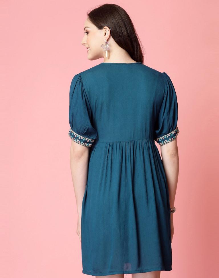 Teal Blue Rayon Embroidery Flared Dress